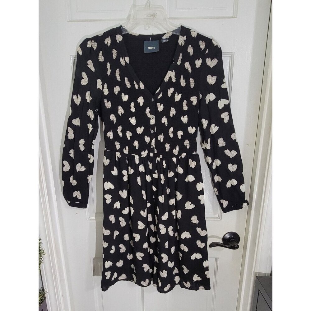Maeve Womens Black Hearts Smocked Body Long Sleeve Dress V Neck Lined Size S - Picture 4 of 10
